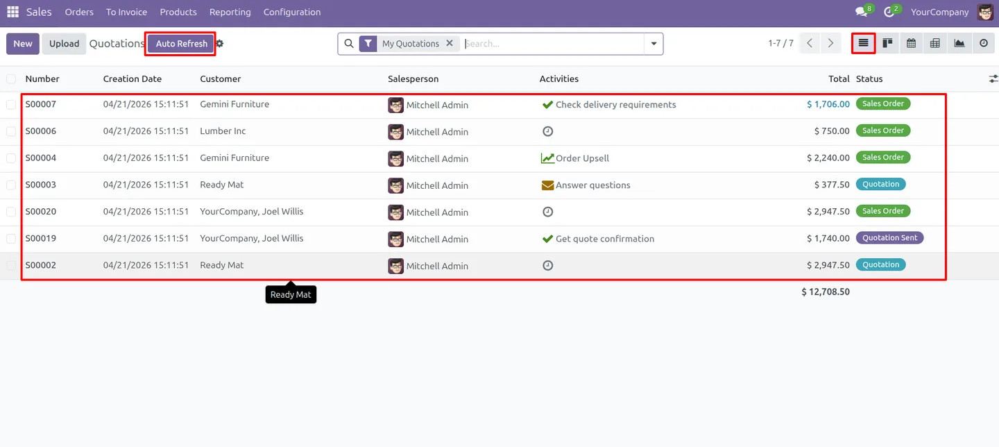 An Odoo list view auto-refreshing with the toggle button enabled