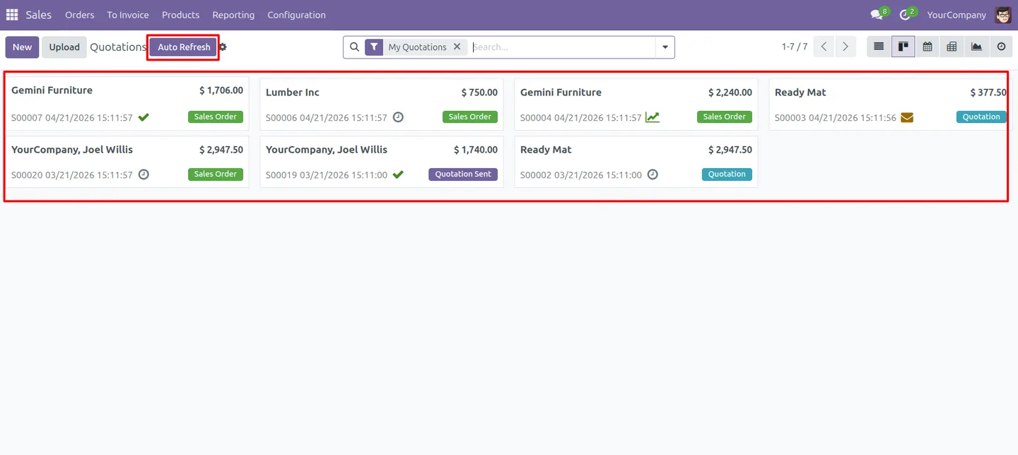 An Odoo Kanban view auto-refreshing with the toggle button enabled