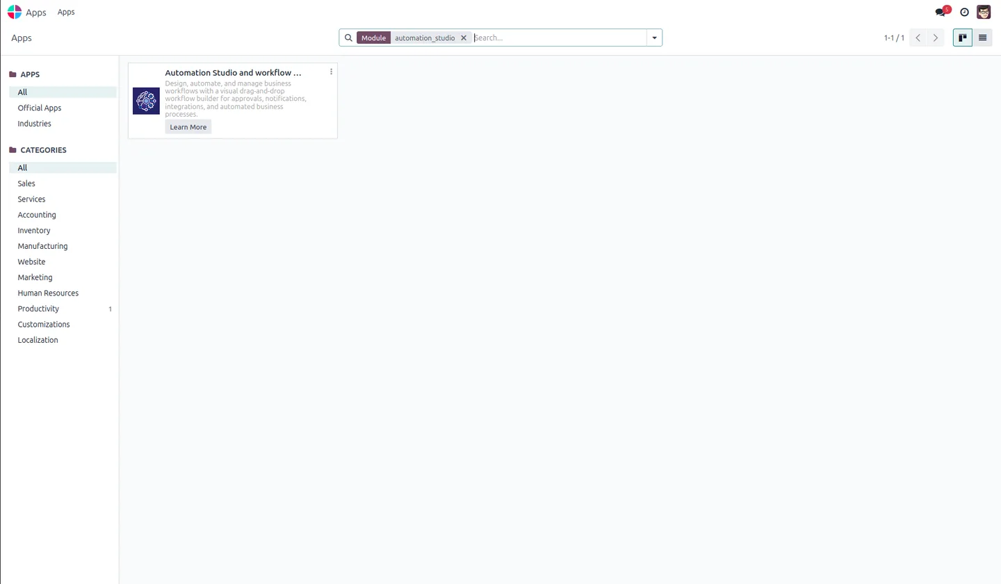 Automation Studio node palette and property inspector in Odoo