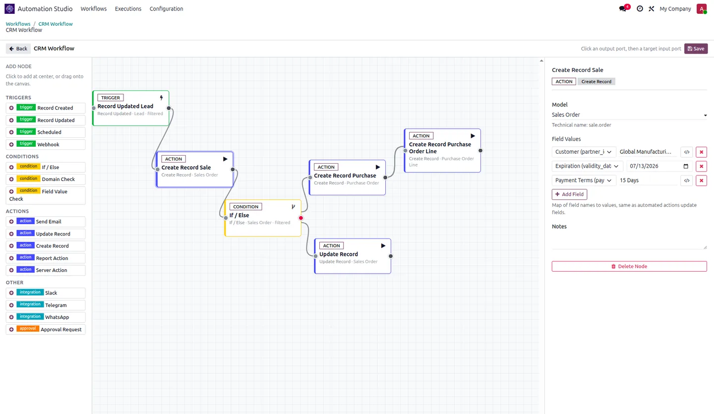 Configuring branching conditional logic with Odoo filters in Automation Studio