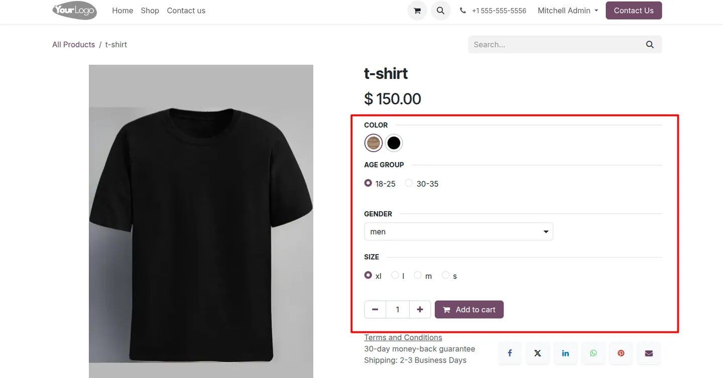 An Odoo eCommerce product page before the variant matrix is enabled