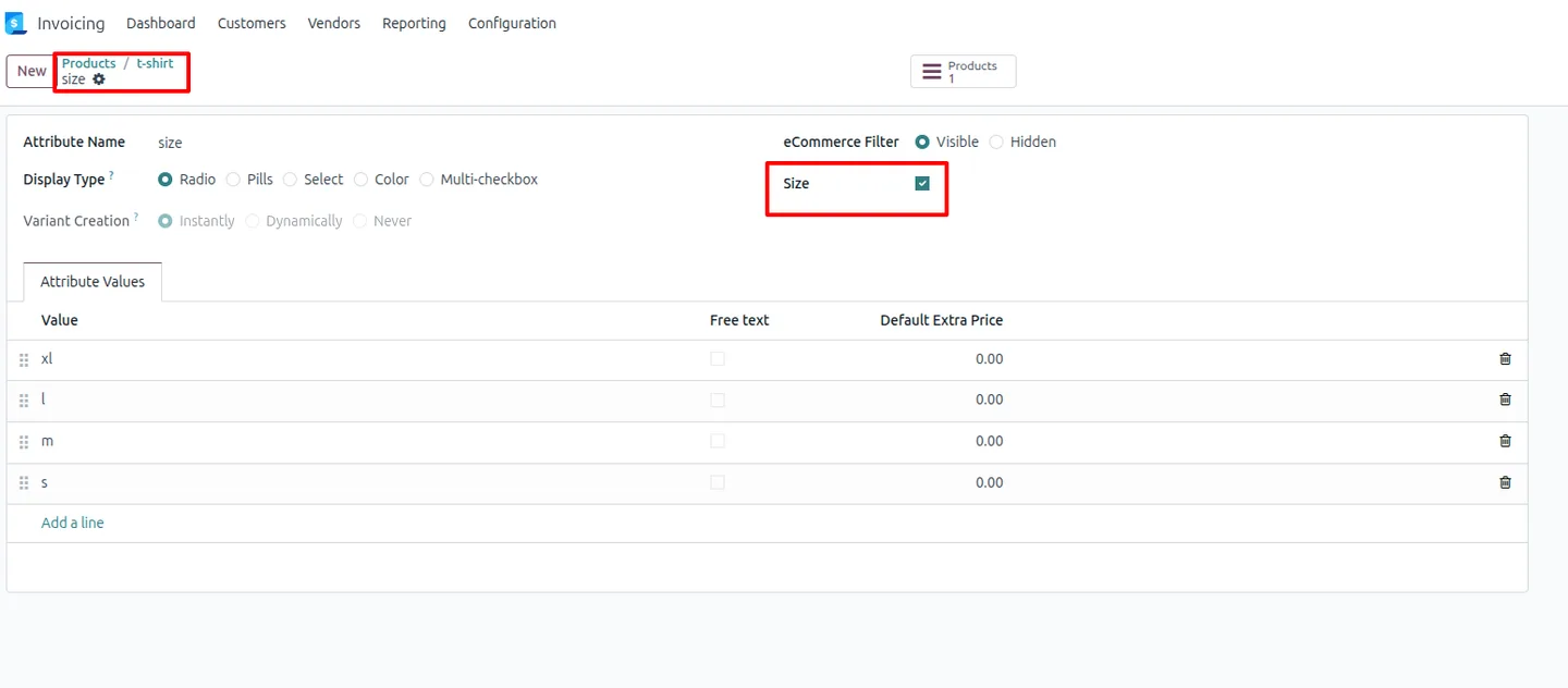 Configuring a size attribute for the Bulk Add to Cart matrix in Odoo