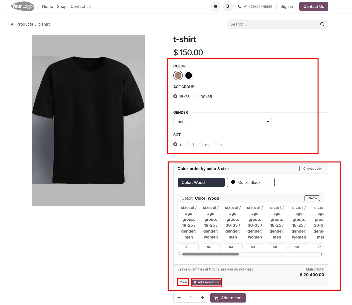 An Odoo product page showing the variant matrix with quantity fields