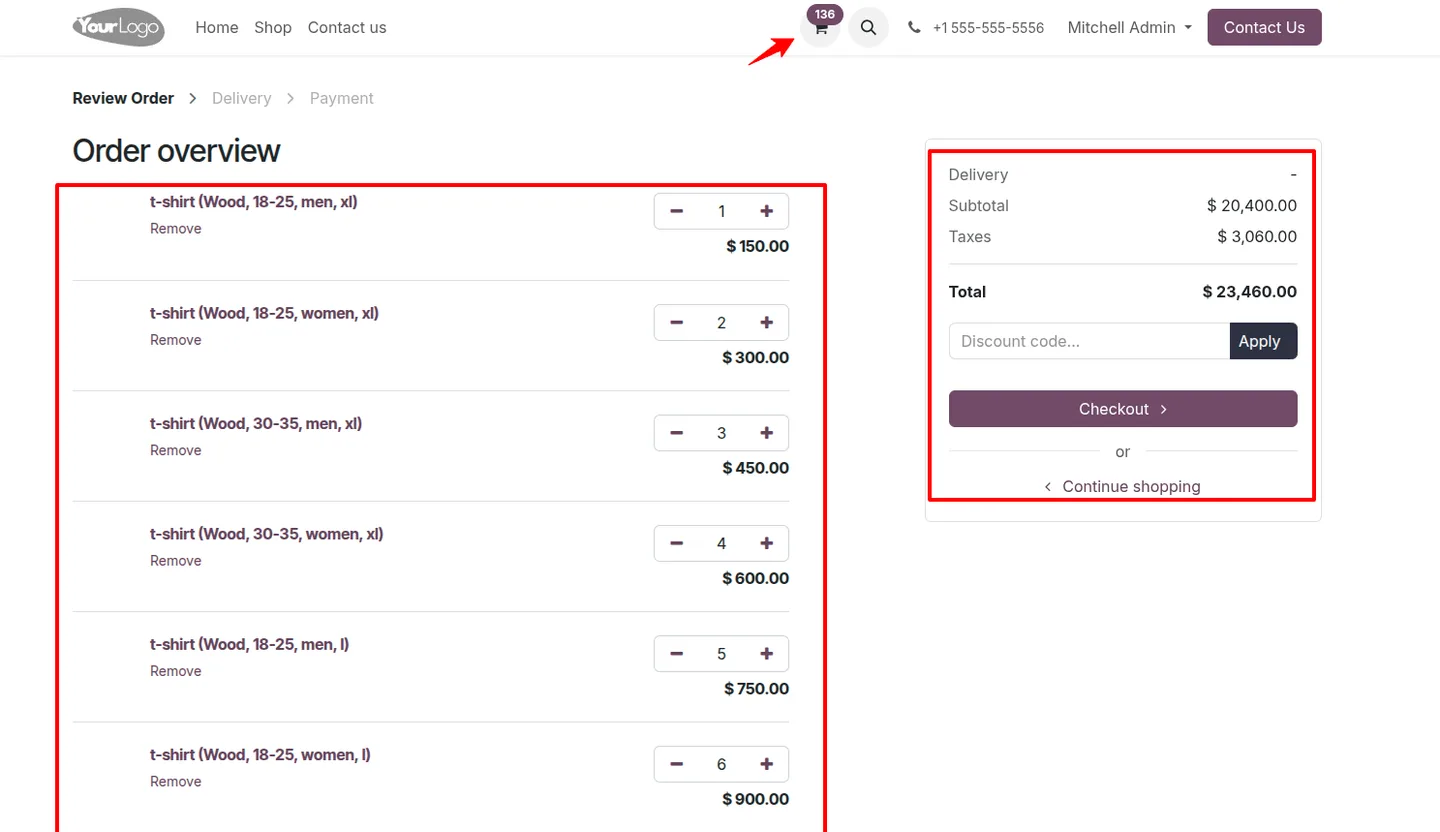 Multiple variants added to the Odoo shopping cart in one action