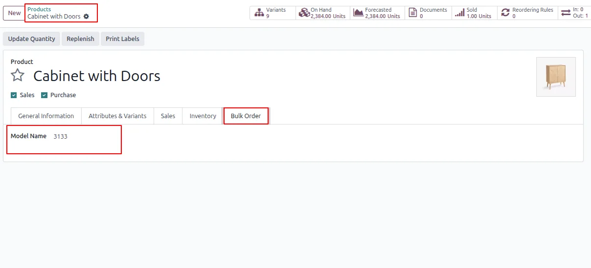 Bulk Order tab configuration on an Odoo product form