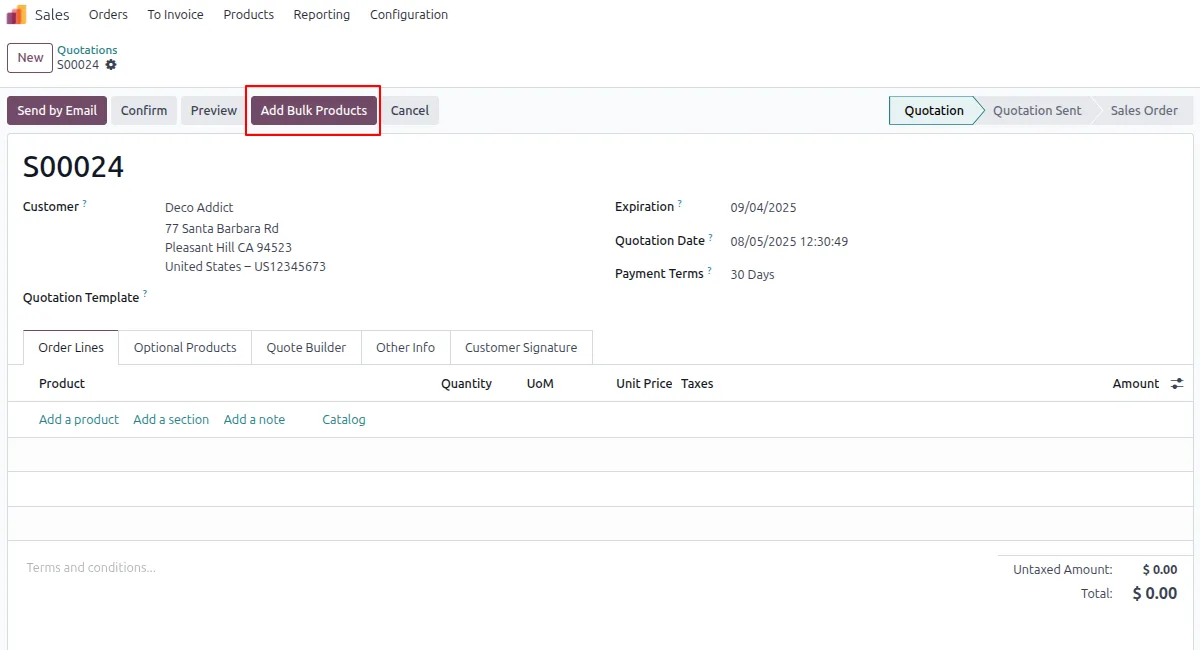 Draft Sale Order with the Add Bulk Products button visible in Odoo