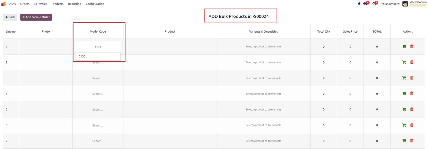 Bulk product picker grid overview with variants and live stock in Odoo