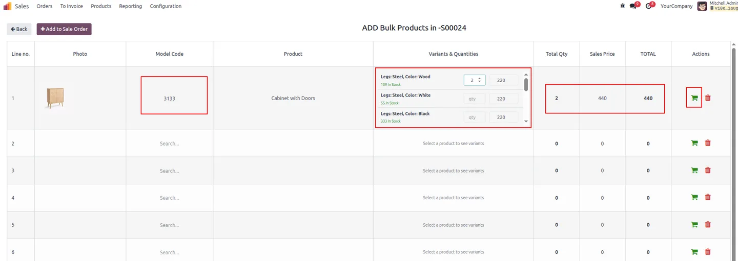 Entering quantities and price overrides for many product variants in Odoo
