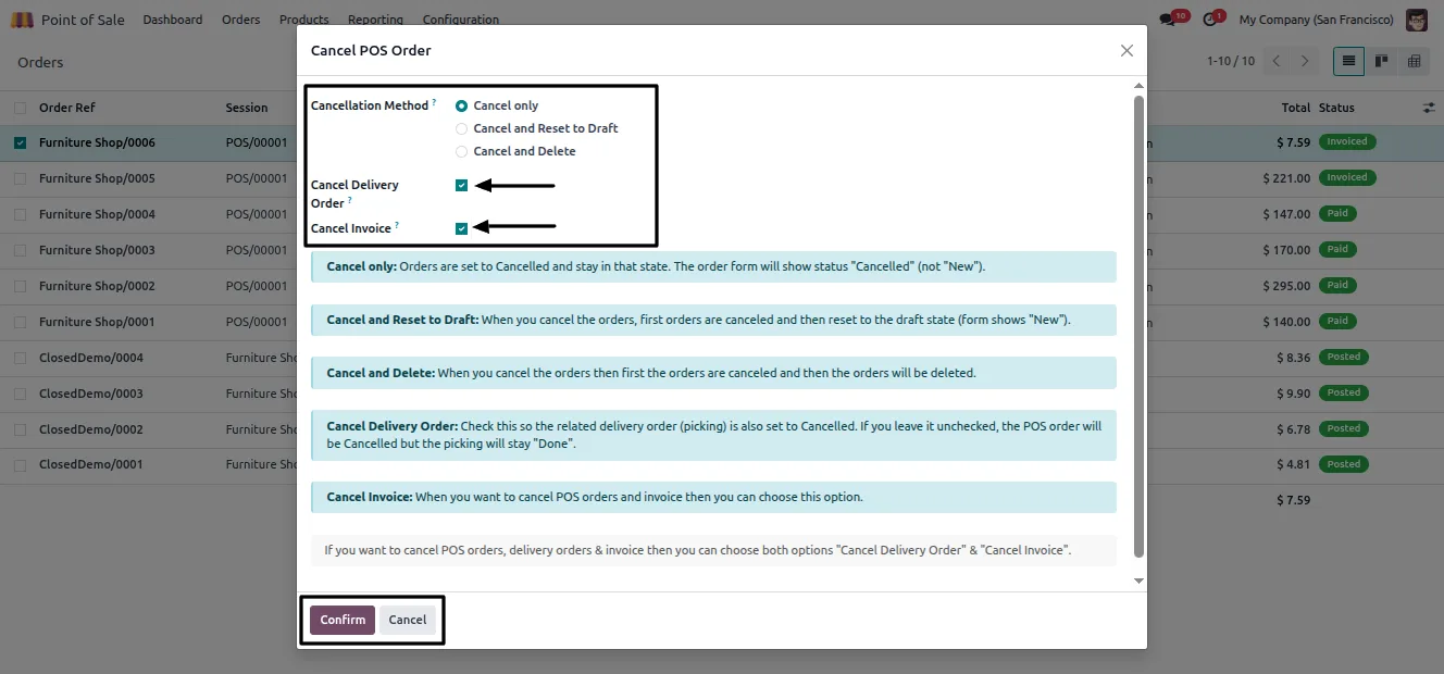The POS orders list view in Odoo ready for bulk cancellation