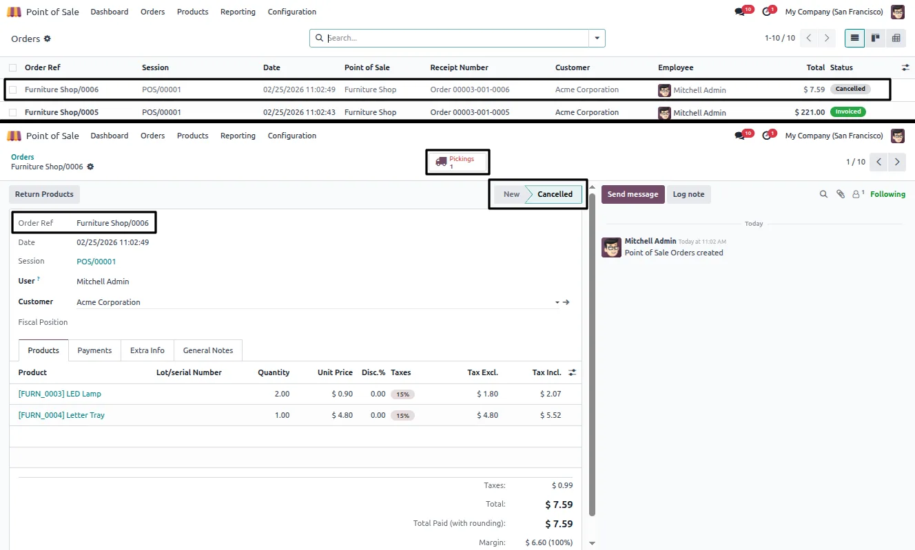 The Cancel POS Order wizard with draft, delete, and cleanup options