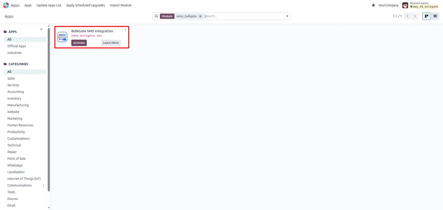 BulkGate SMS Integration dashboard inside Odoo