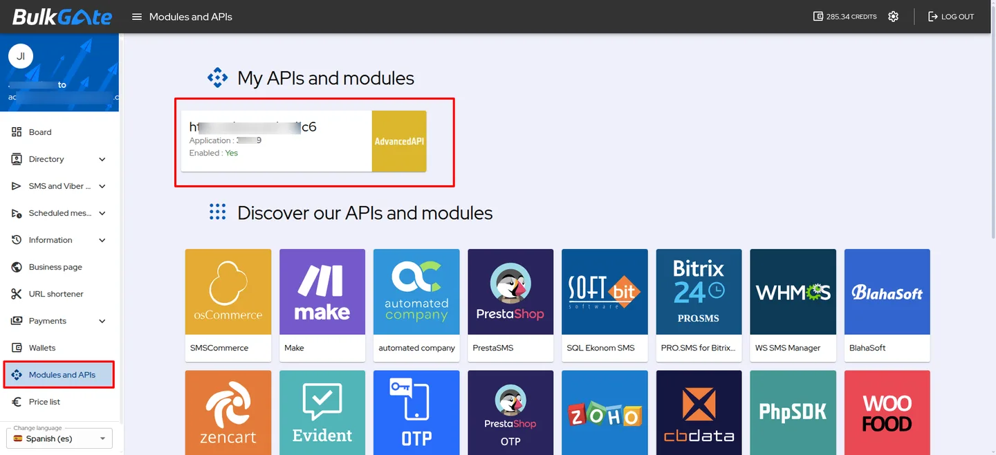 BulkGate API key and sender configuration screen in Odoo