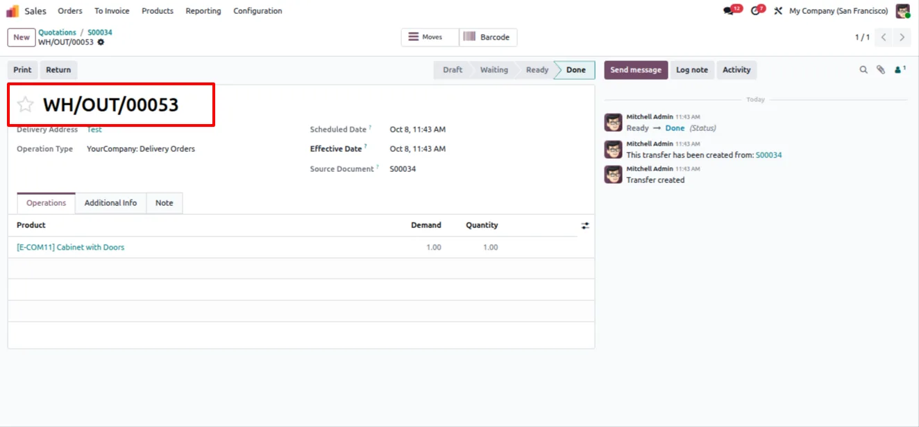 A confirmed Odoo sales order with the Cancel Sales Order action available