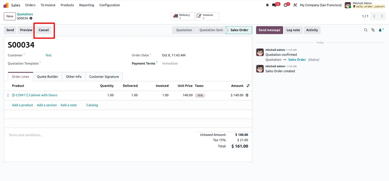 The linked customer invoice reversed and cancelled with the sales order