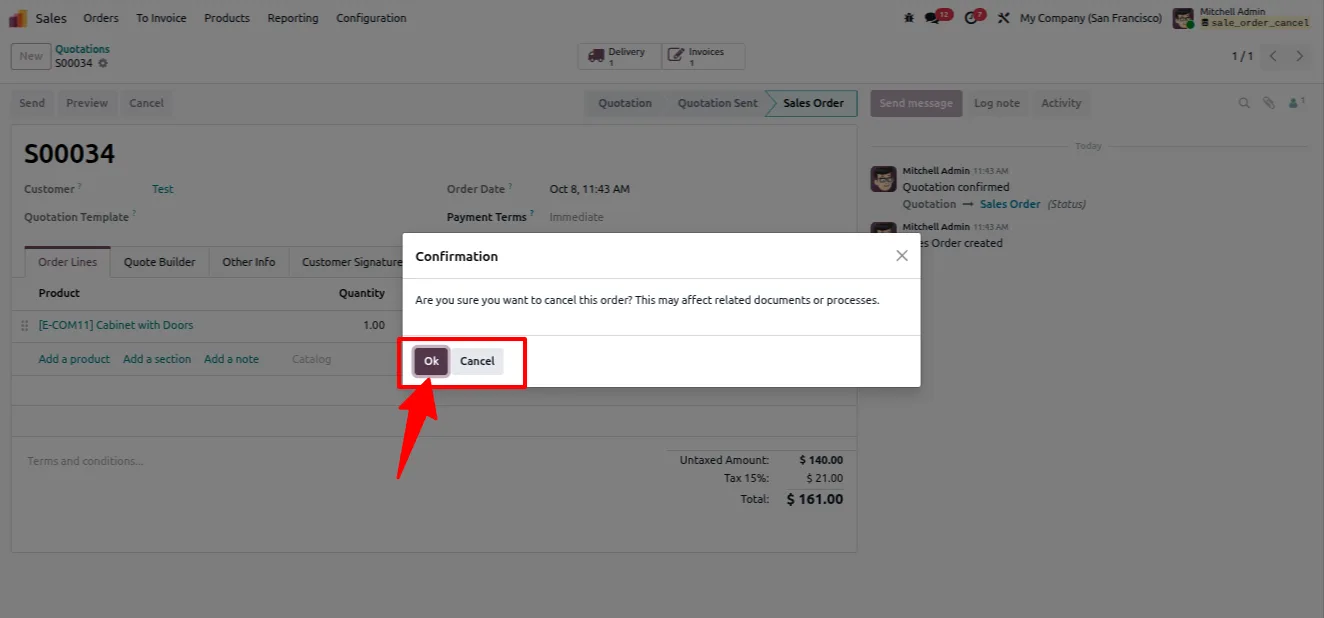 A linked delivery order cancelled alongside the sales order in Odoo