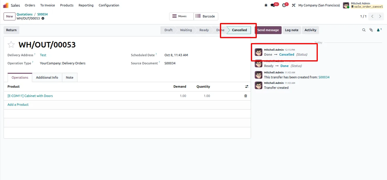 Odoo sales order marked cancelled after the full cancellation workflow