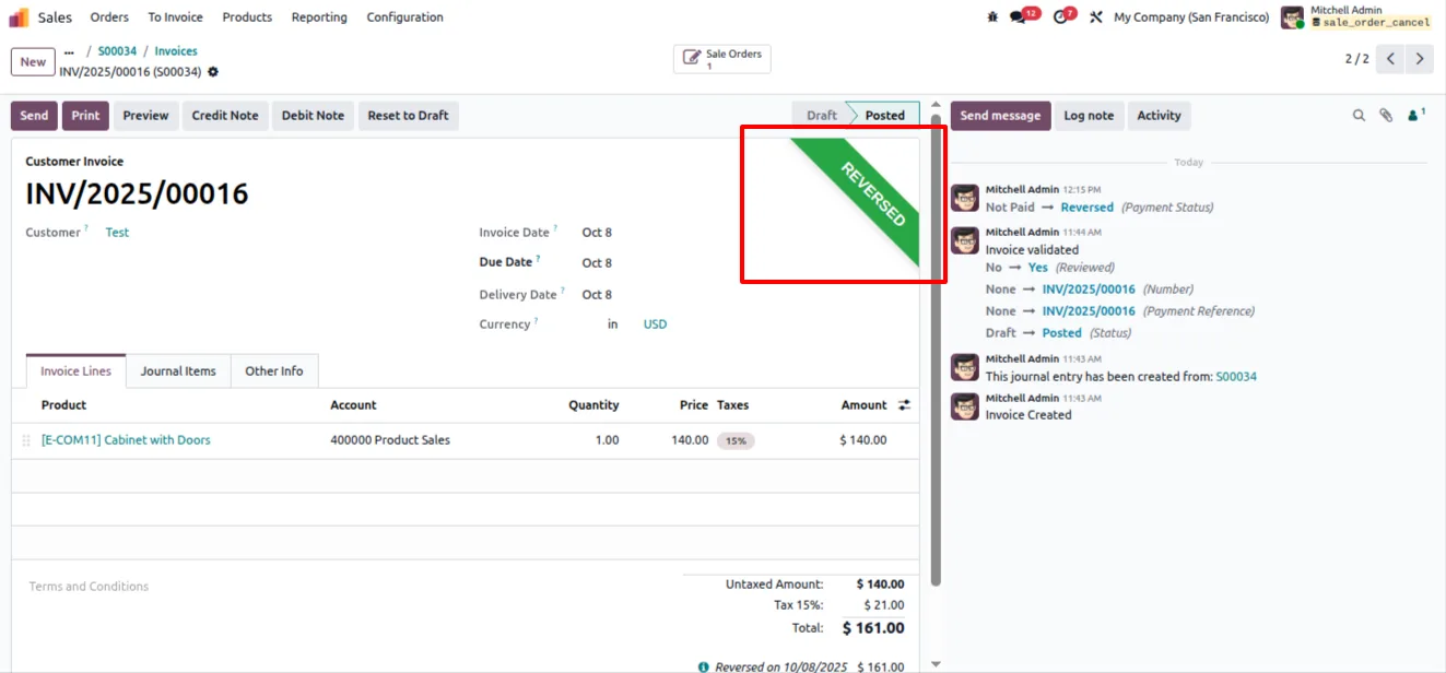 Accounting entries kept consistent after the Odoo order cancellation
