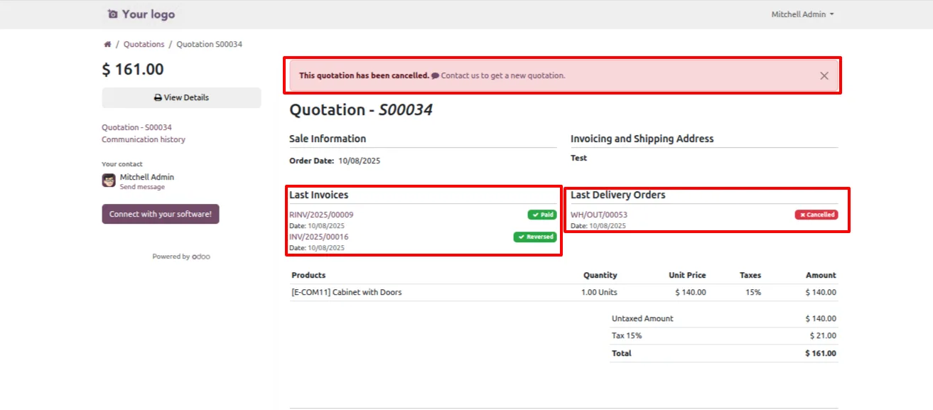 Cancel Sales Order workflow completed across Sales, Inventory, and Accounting in Odoo