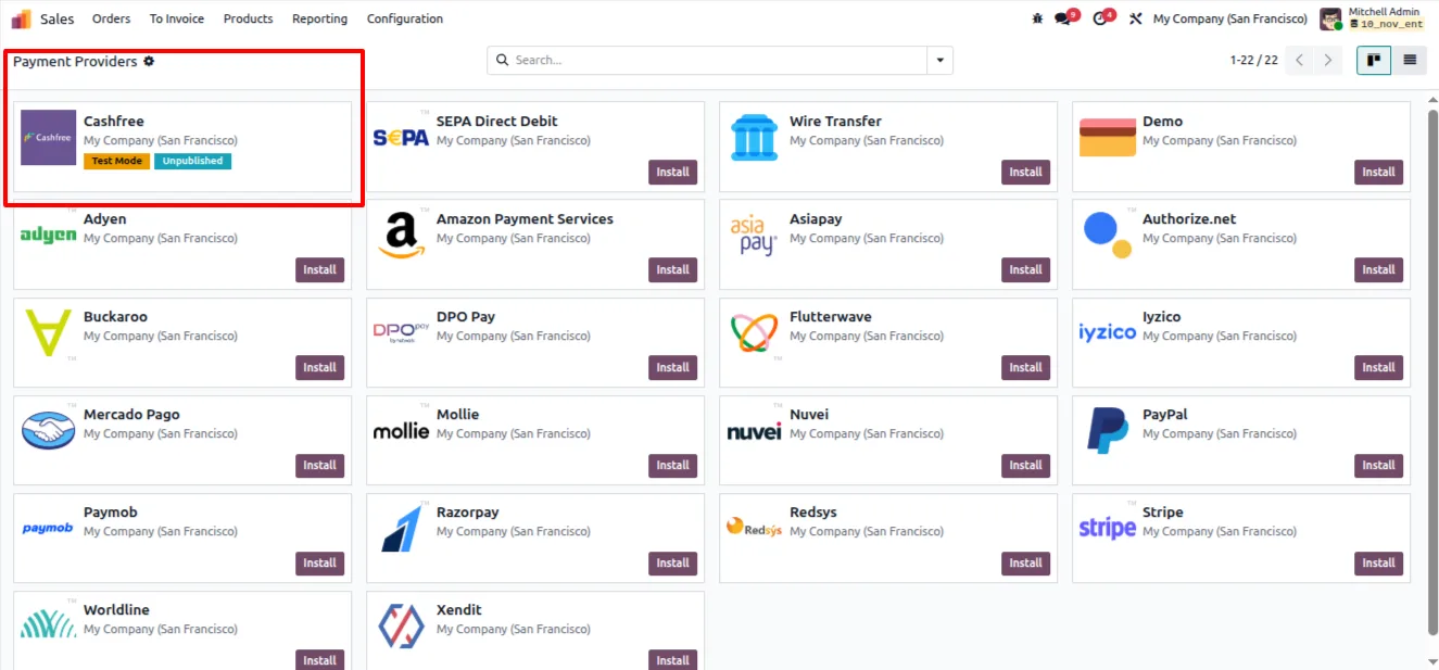 Cashfree set up as a payment provider in Odoo configuration