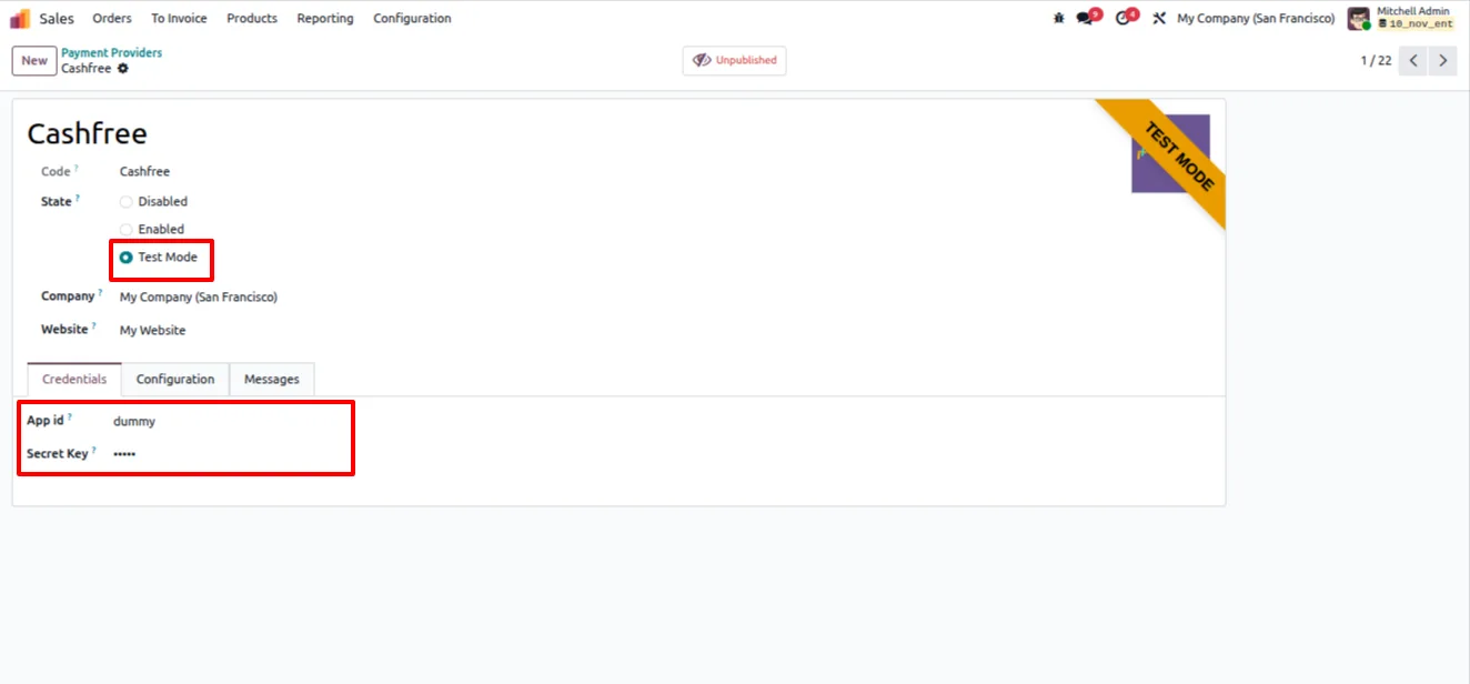 Entering Cashfree Client ID and Client Secret credentials in Odoo