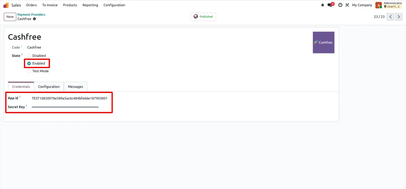 Cashfree payment provider switched to test mode in Odoo