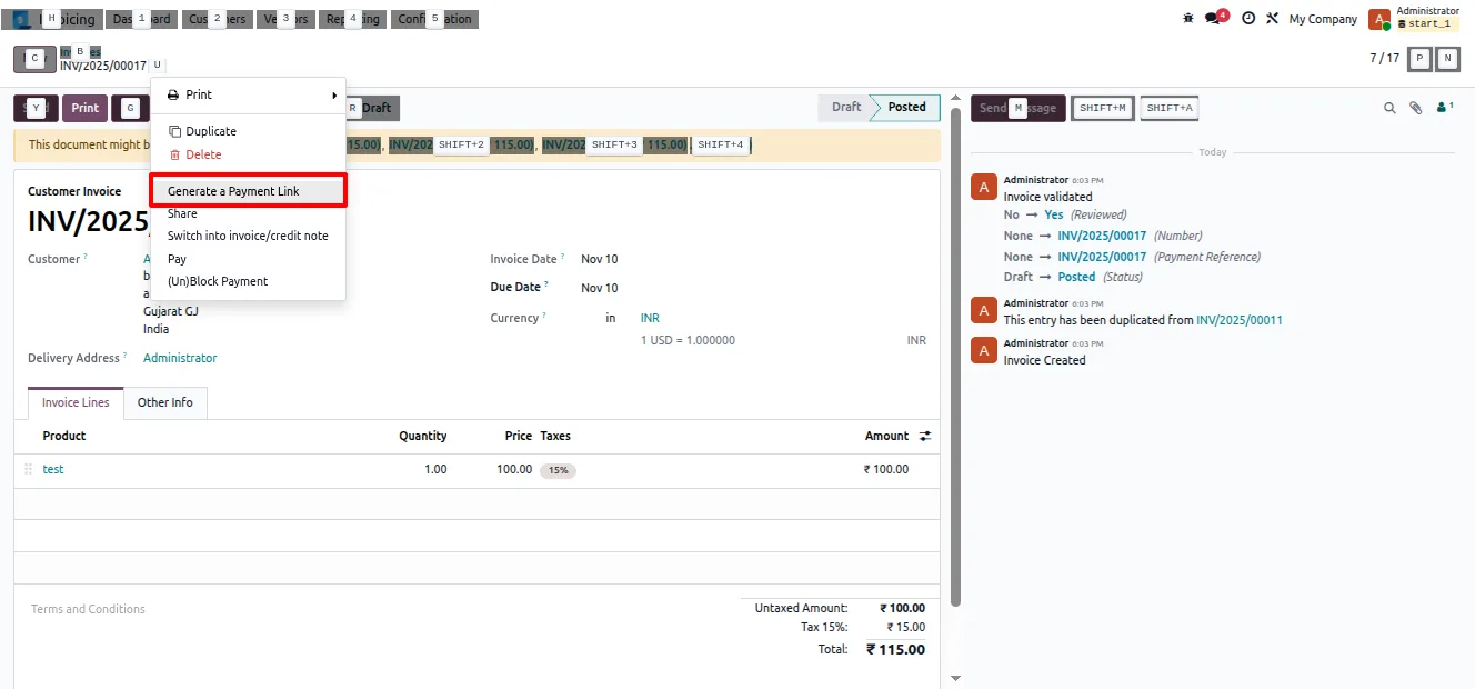 Cashfree offered as a payment option during Odoo website checkout