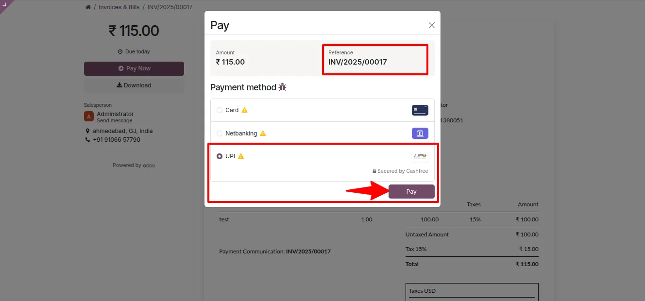 A completed Cashfree payment status updated automatically in Odoo