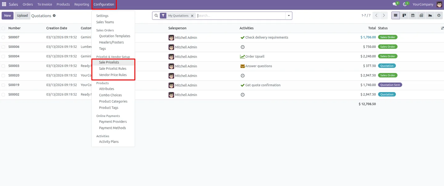 The Pricelist & Vendor Setup menu under Sales Configuration in Odoo