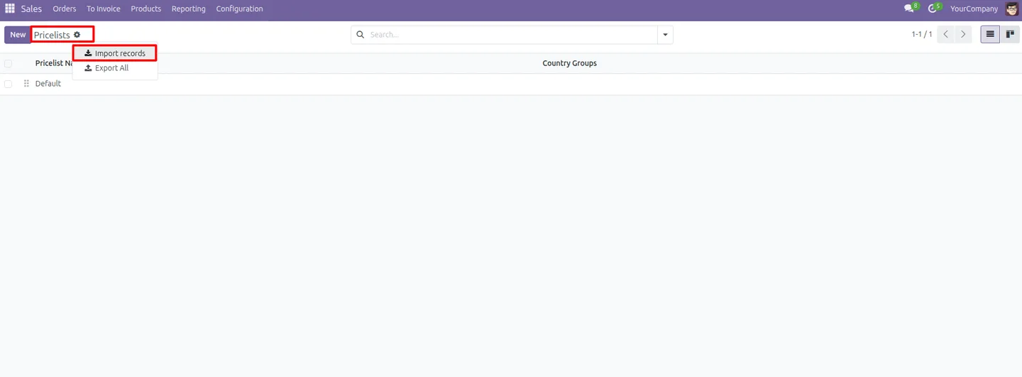 Sales pricelists listed in the Centralized Pricelist Setup menu in Odoo