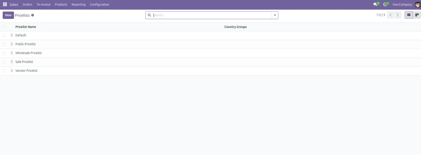 A pricelist opened from the centralized pricing menu in Odoo