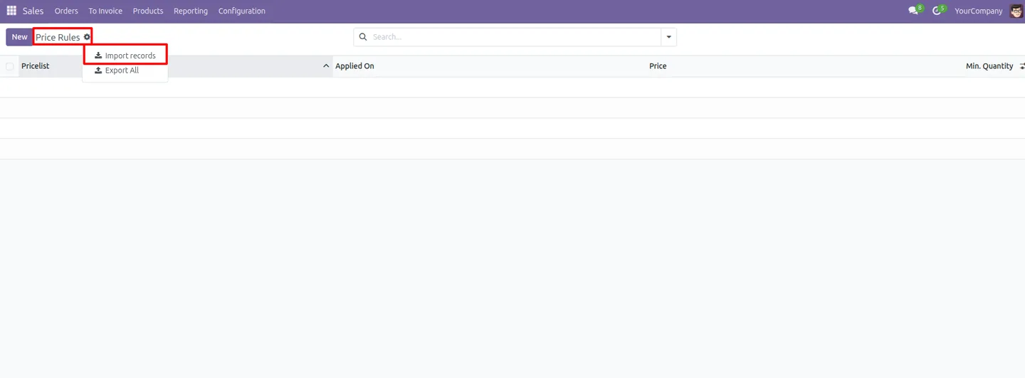 Sales pricelist rules accessed through the consolidated Odoo menu