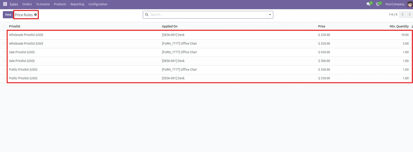 A configured sales pricelist rule shown in Odoo