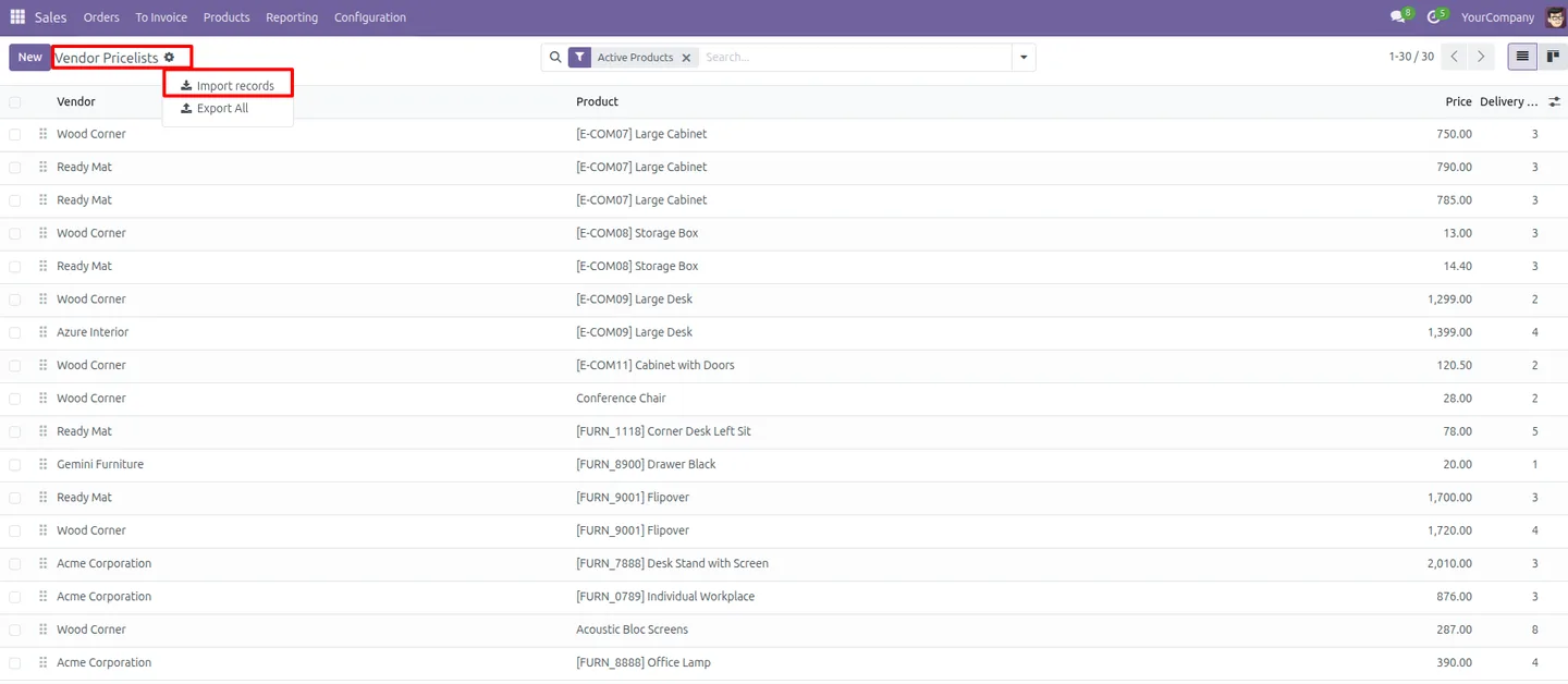 Vendor price rules opened from the Centralized Pricelist Setup menu in Odoo