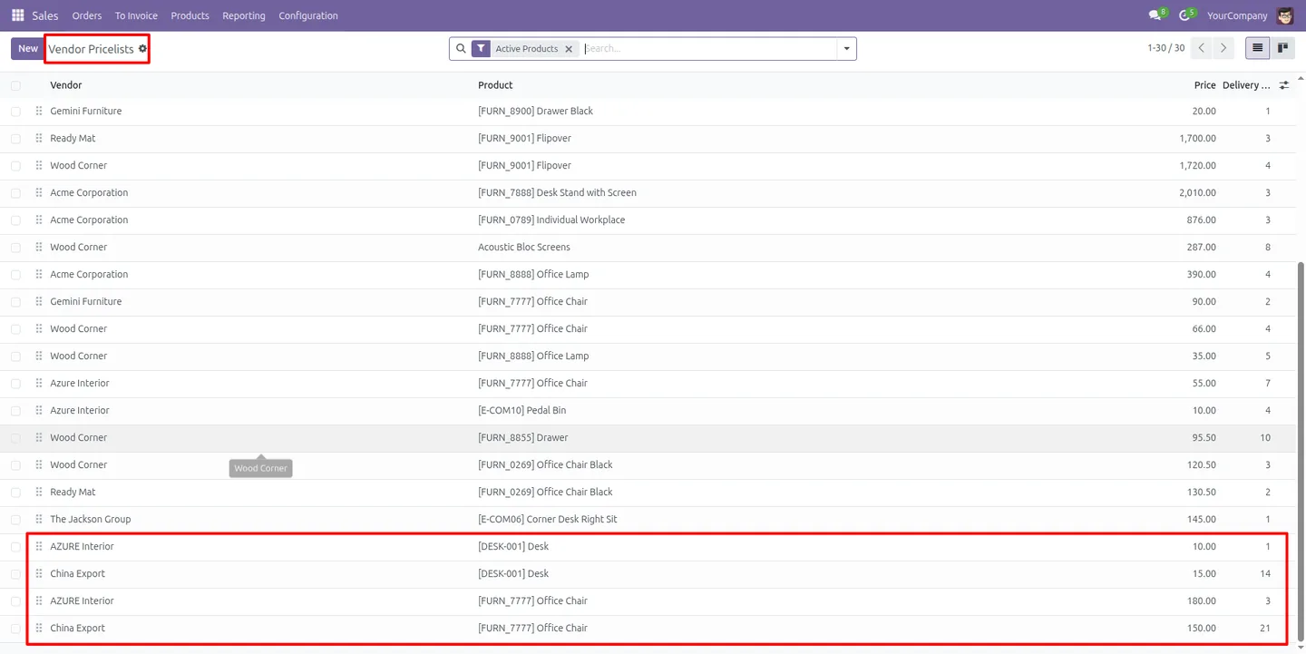 A configured vendor price rule managed through the centralized pricing menu in Odoo