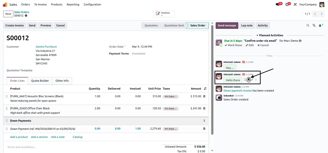 The pin icon next to a chatter message on an Odoo record