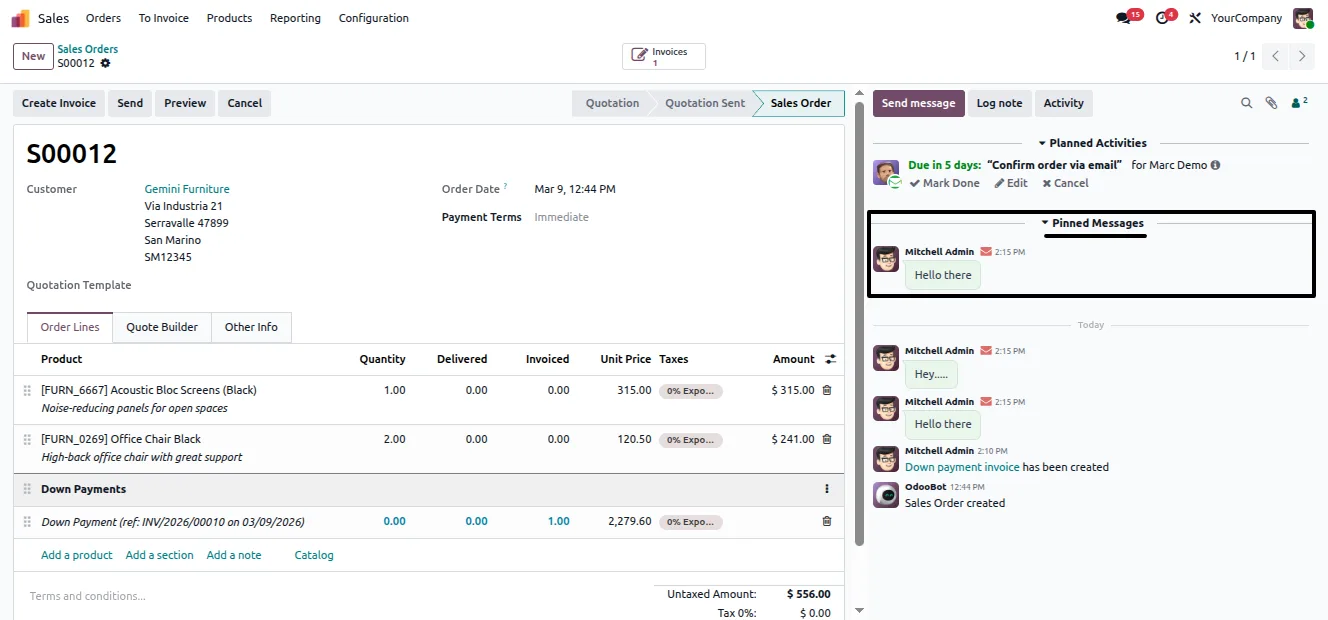A chatter message pinned to the top of an Odoo conversation thread