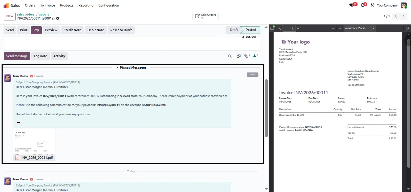 Using the jump button to reach a pinned message in its original Odoo thread position