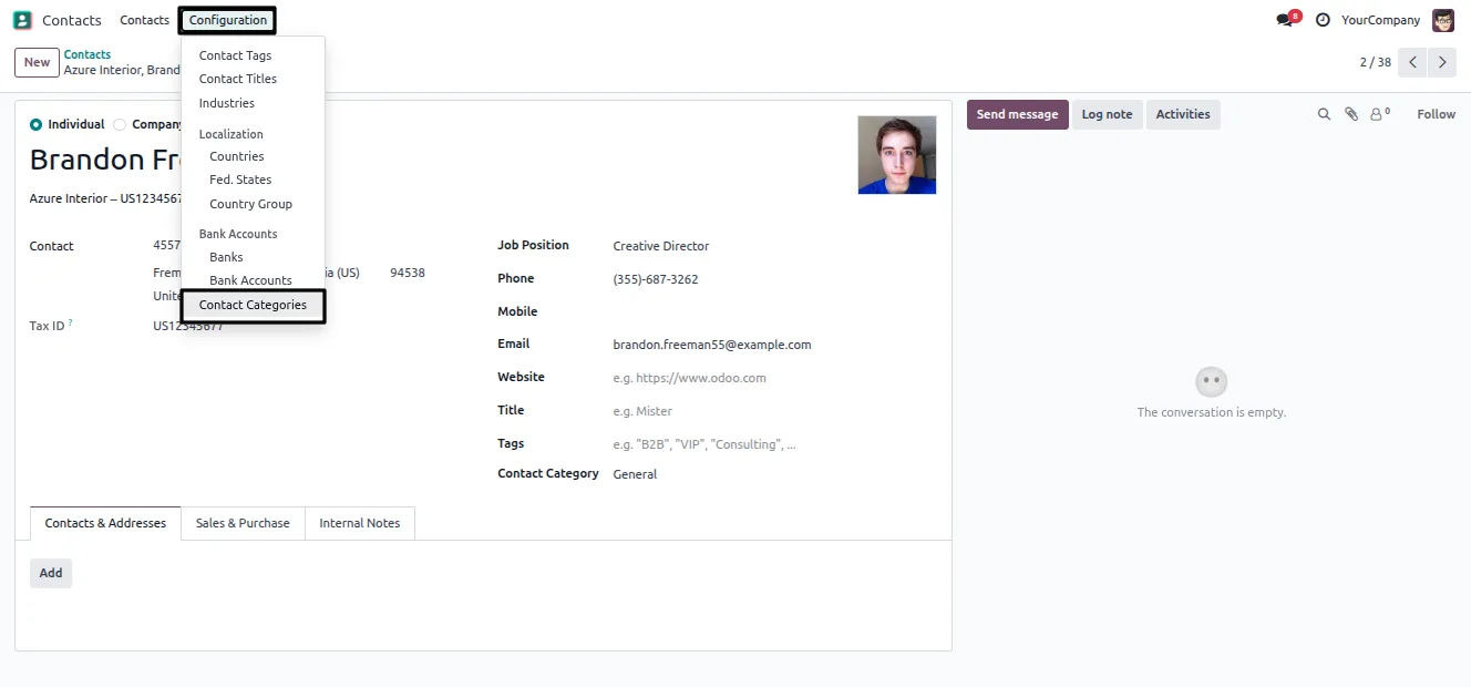 A contact category form showing parent-child relationships in Odoo