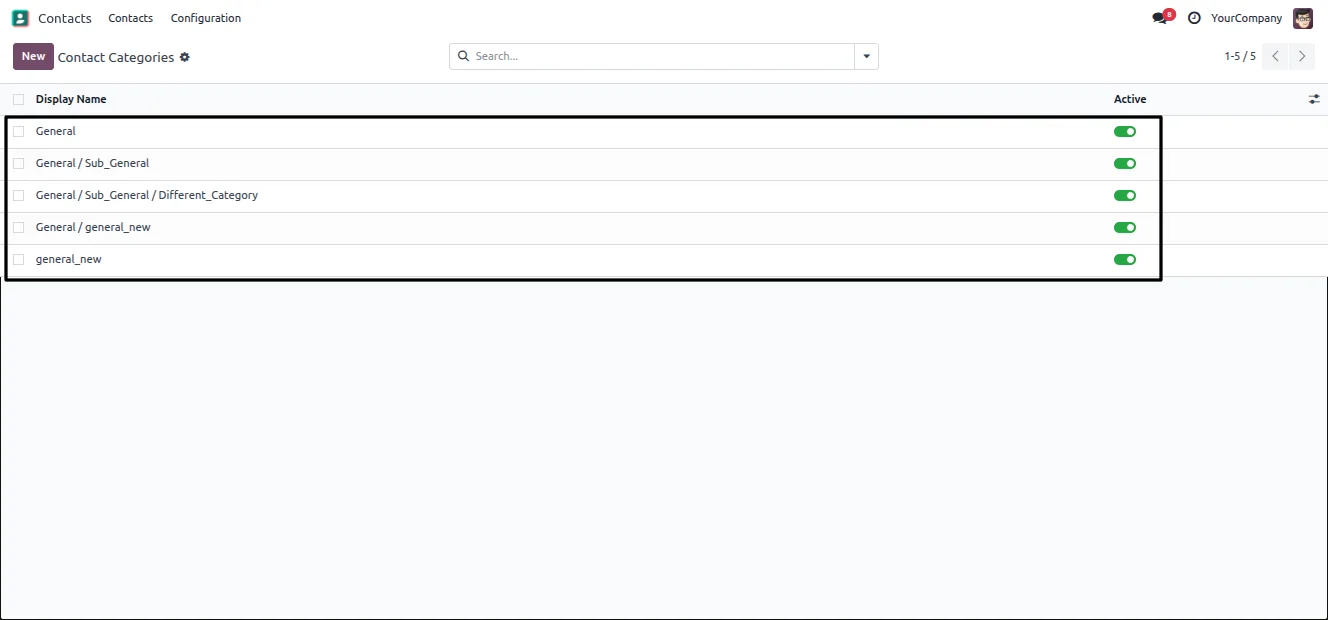 Full hierarchical category name displayed on an Odoo contact category