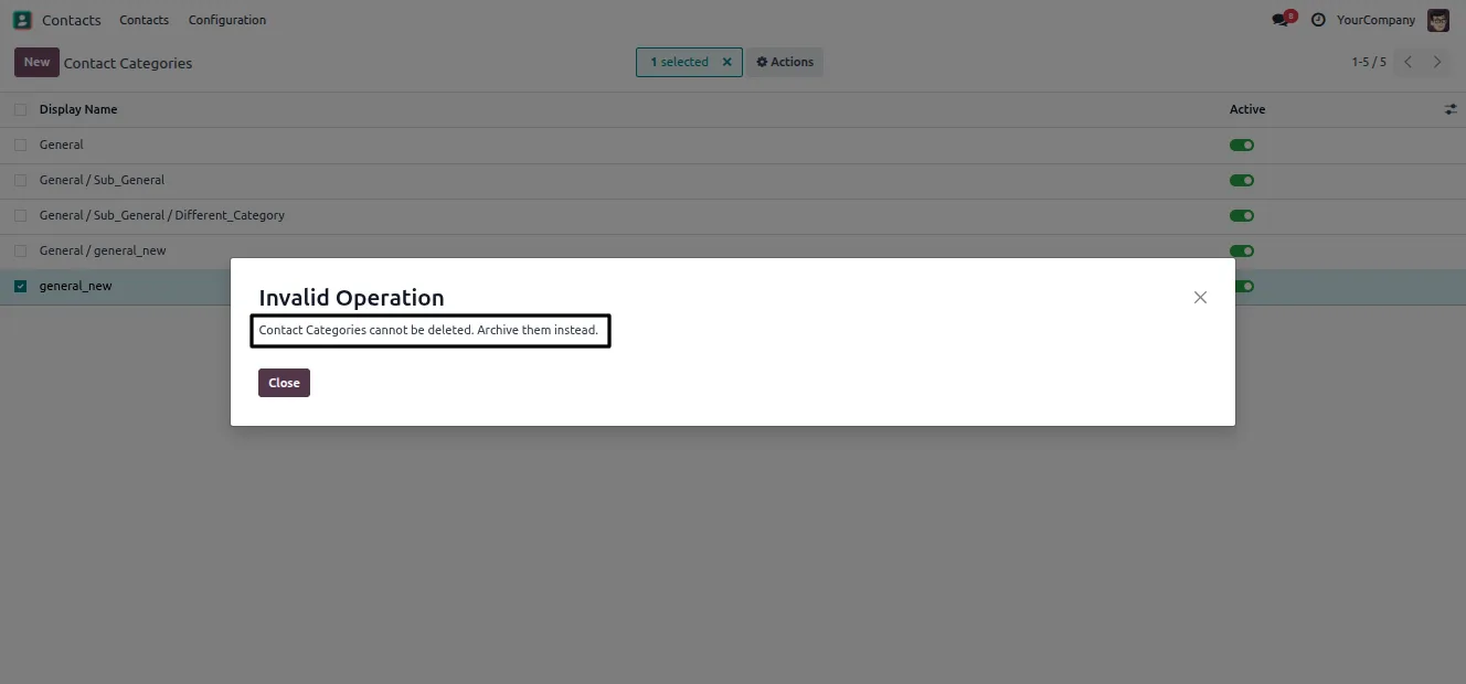 Archiving an unused contact category in Odoo