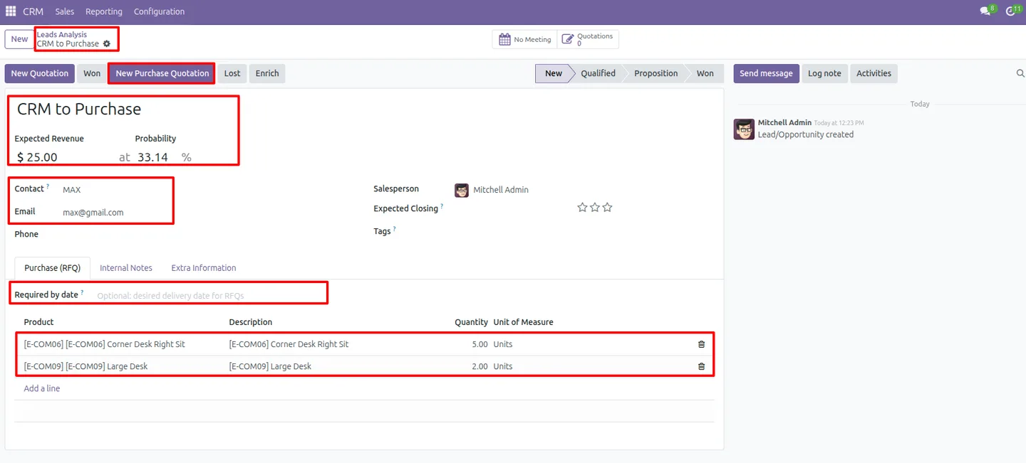 Administrator configuration options for CRM to Purchase Quotation in Odoo
