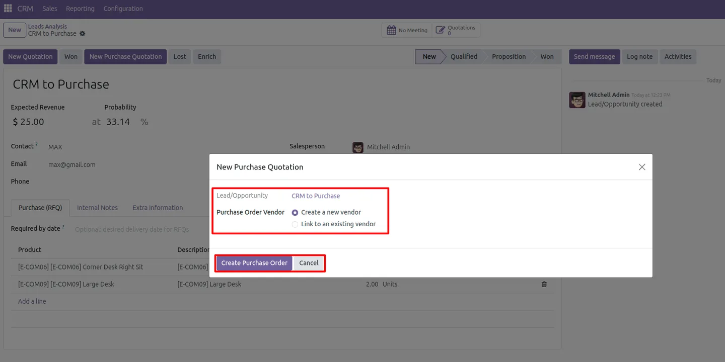 New Purchase Quotation button on an Odoo CRM lead form