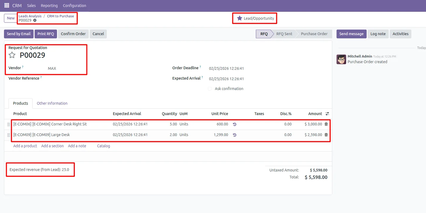 Vendor selection wizard for raising an RFQ from a CRM lead