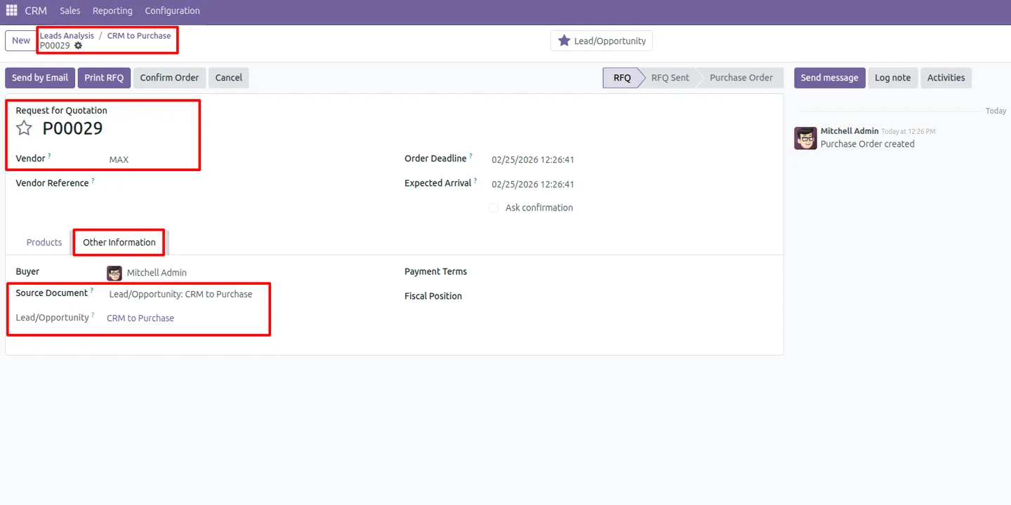 Creating a new vendor inside the CRM to Purchase Quotation wizard