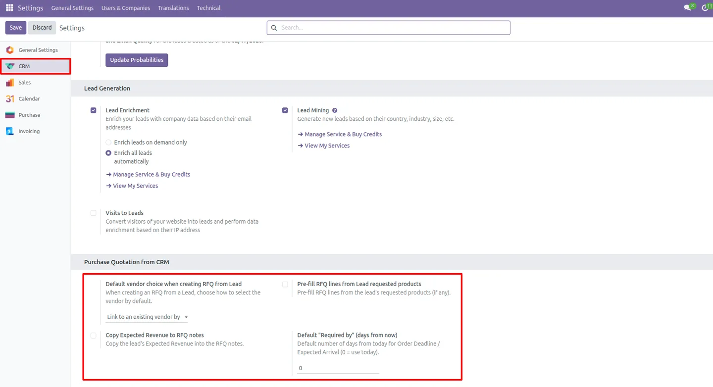 Confirmed vendor RFQ created from a CRM opportunity in Odoo