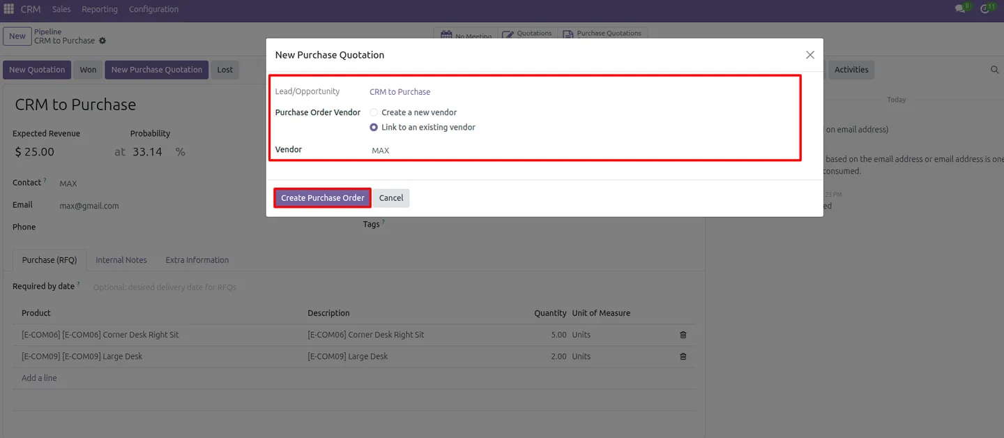 Purchase Quotations smart button showing related RFQs on an Odoo lead