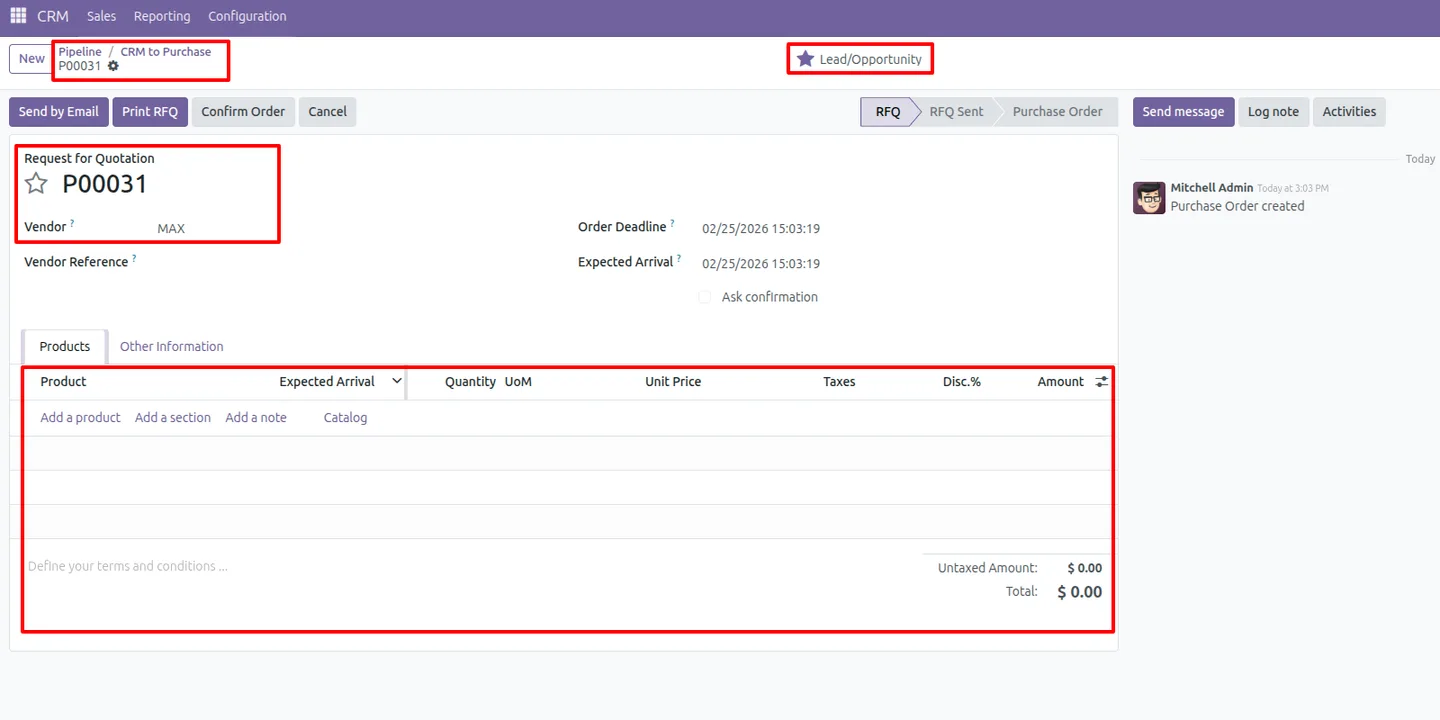 List of purchase quotations linked to a CRM lead in Odoo