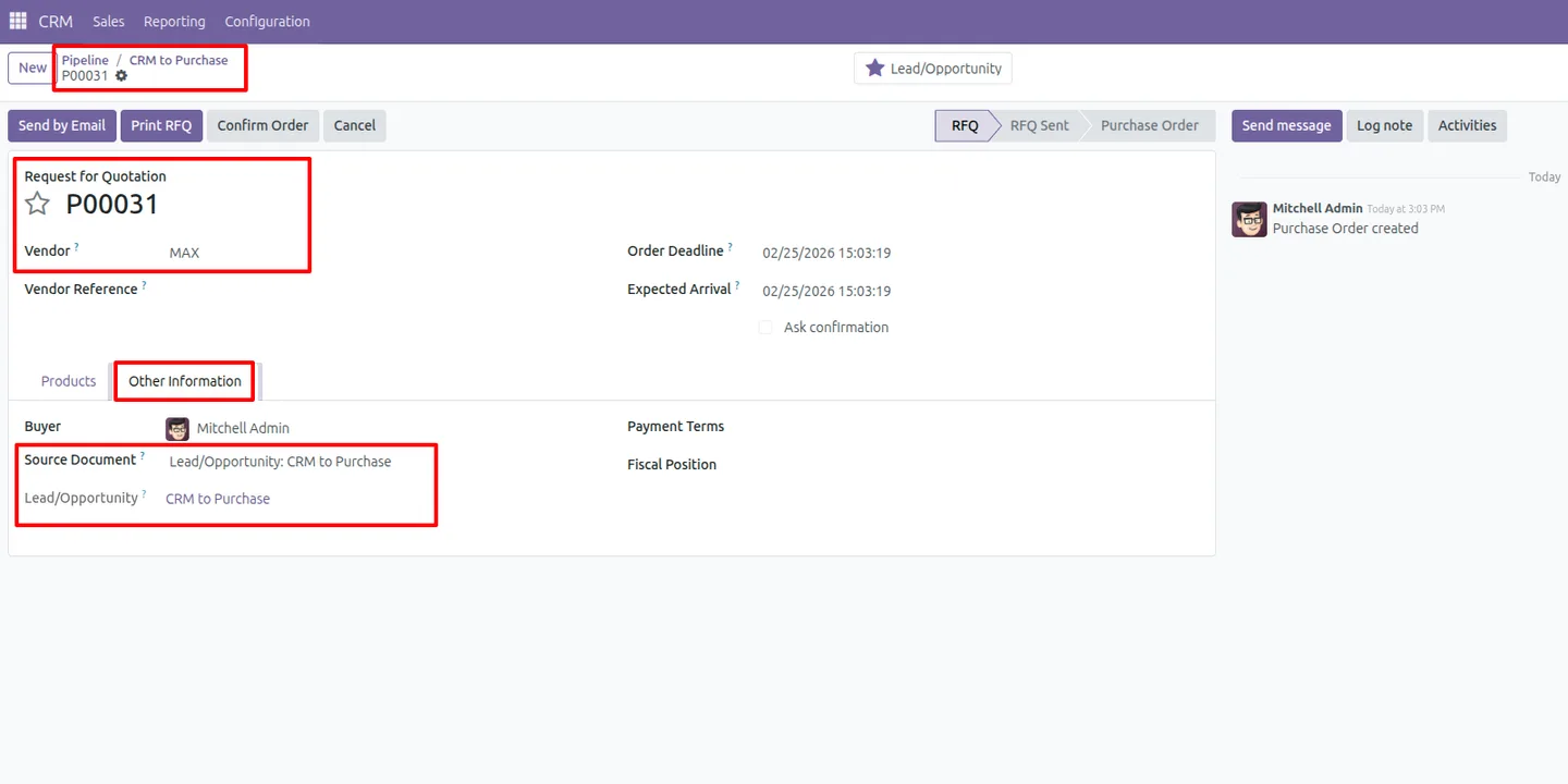 Lead information copied into the RFQ notes in Odoo Purchase