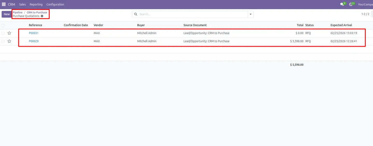 CRM lead linked to its vendor purchase quotation in Odoo