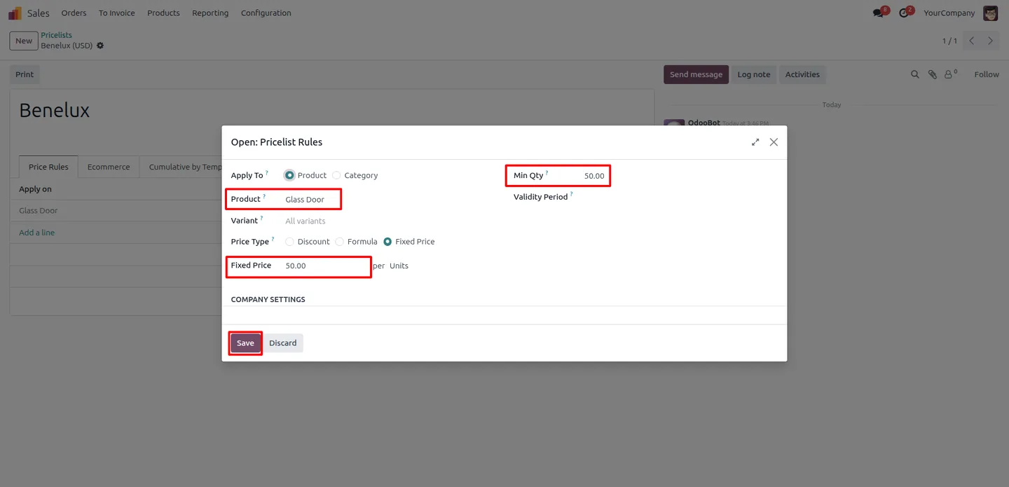 Configuring a quantity-based pricelist rule in Odoo